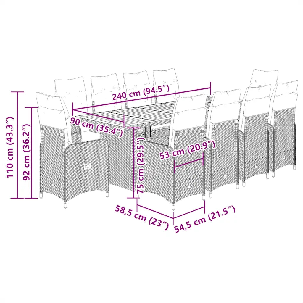 vidaXL Set da Bistrò da Giardino 11 pz con Cuscini Nero in Polyrattan
