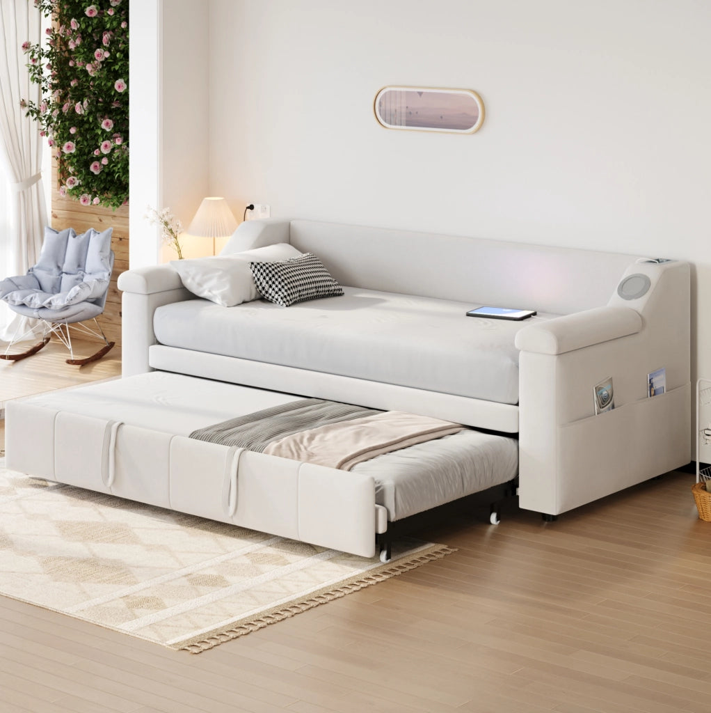Divano letto multifunzionale 90/180x190 cm in velluto beige; con Bluetooth e USB