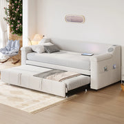 Divano letto multifunzionale 90/180x190 cm in velluto beige; con Bluetooth e USB