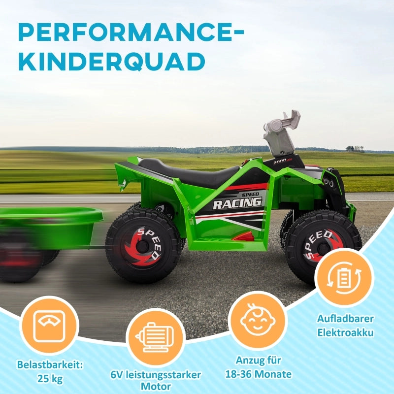 Quad per bambini, ricaricabile, 2,5 km/h, con rimorchio, 50 min. di autonomia, per bambini da 1,5 a 3 anni, verde.