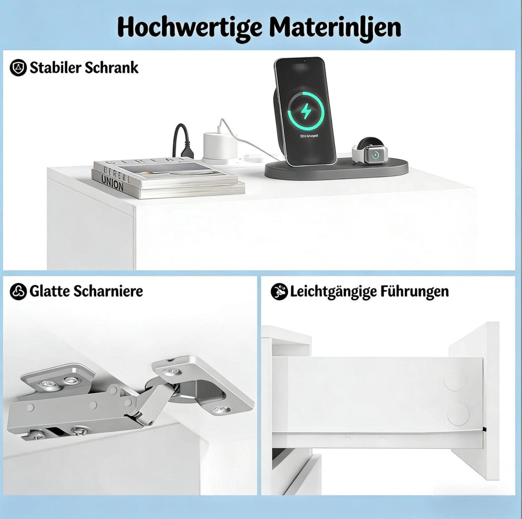 Comodino con luce a LED e prese integrate, set da 2