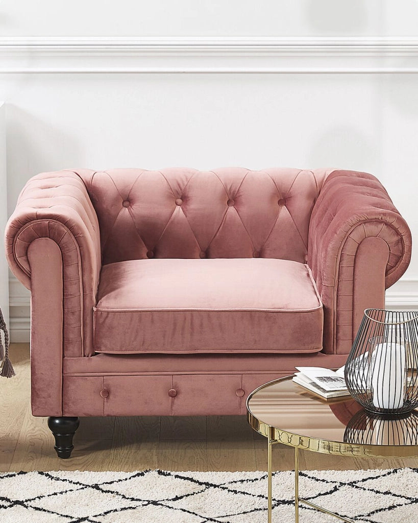 Poltrona Chesterfield Tessuto Velluto Rosa Rivestimento Gambe Legno Scuro Contemporaneo