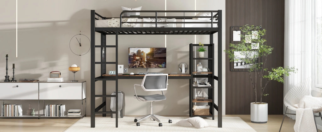 Letto a castello nero e noce scuro con scrivania e scaffali in metallo e MDF 90x200 cm