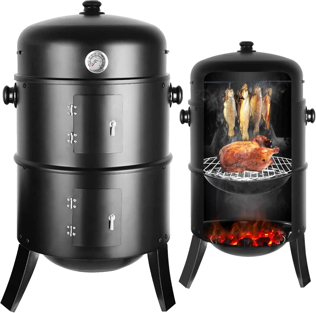 Affumicatore 3 in 1, Barbecue Carbonella, Griglia per Affumicatura con 2 Griglie in Acciaio Inossidabile, Termometro, Barbecue a Carbone, Affumicatore con Coperchio, Ø44,5 x80 cm Affumicatoi, Nero