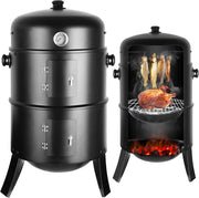 Affumicatore 3 in 1, Barbecue Carbonella, Griglia per Affumicatura con 2 Griglie in Acciaio Inossidabile, Termometro, Barbecue a Carbone, Affumicatore con Coperchio, Ø44,5 x80 cm Affumicatoi, Nero