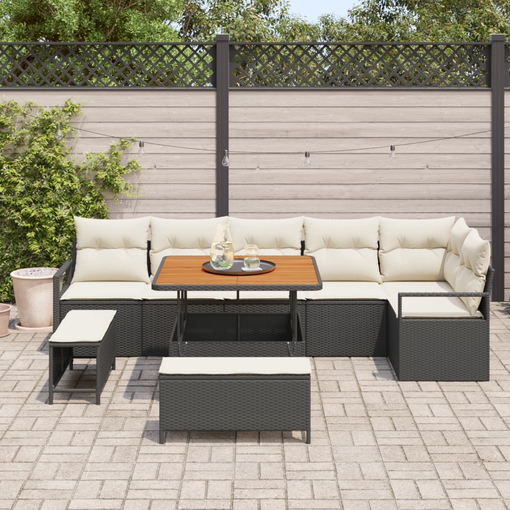 Set Divano da Giardino con 9 Pezzi e Cuscini Nero Polyrattan Acacia