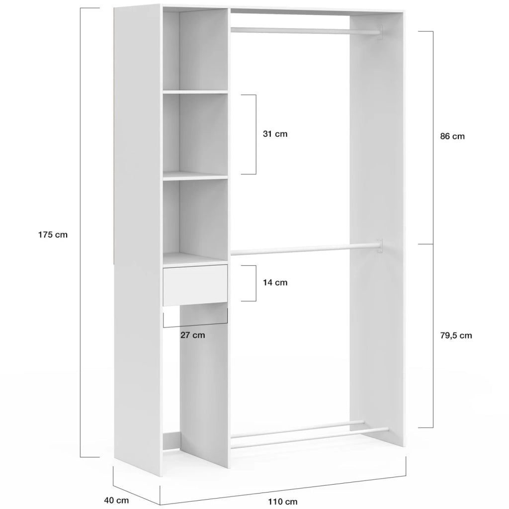 IDMarket - Cabina armadio doppia L. 110 cm MIRTY con ripiani + cassetto + vano porta scarpe bianco