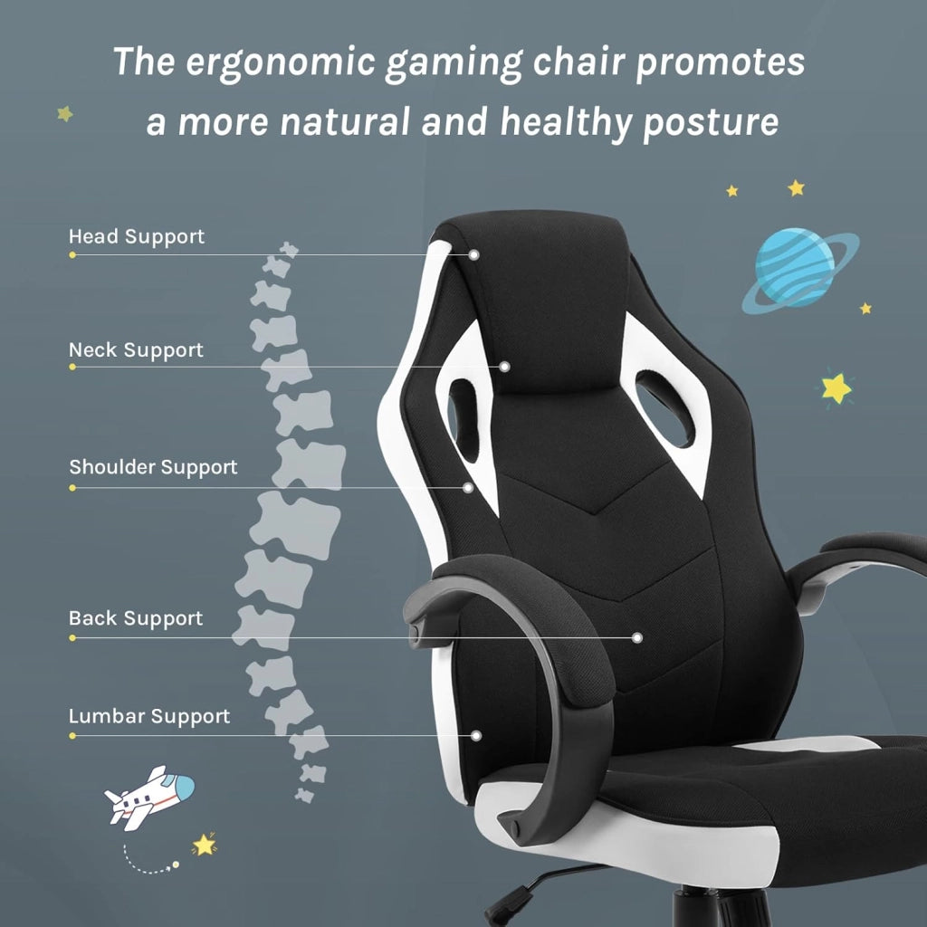 Sedia Gaming, Sedia per PC, Ergonomica con Tessuto Traspirante, Altezza Regolabile, Ruote, Schienale, Braccioli e Funzione Basculante, Nero+Bianco