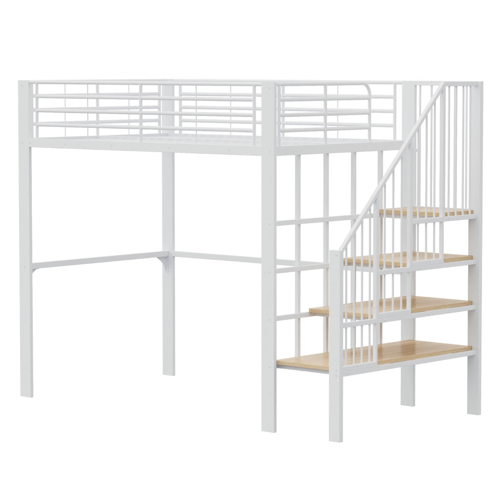 Letto a soppalco 140 x 200 in metallo con scala e spazio contenitore sotto il letto