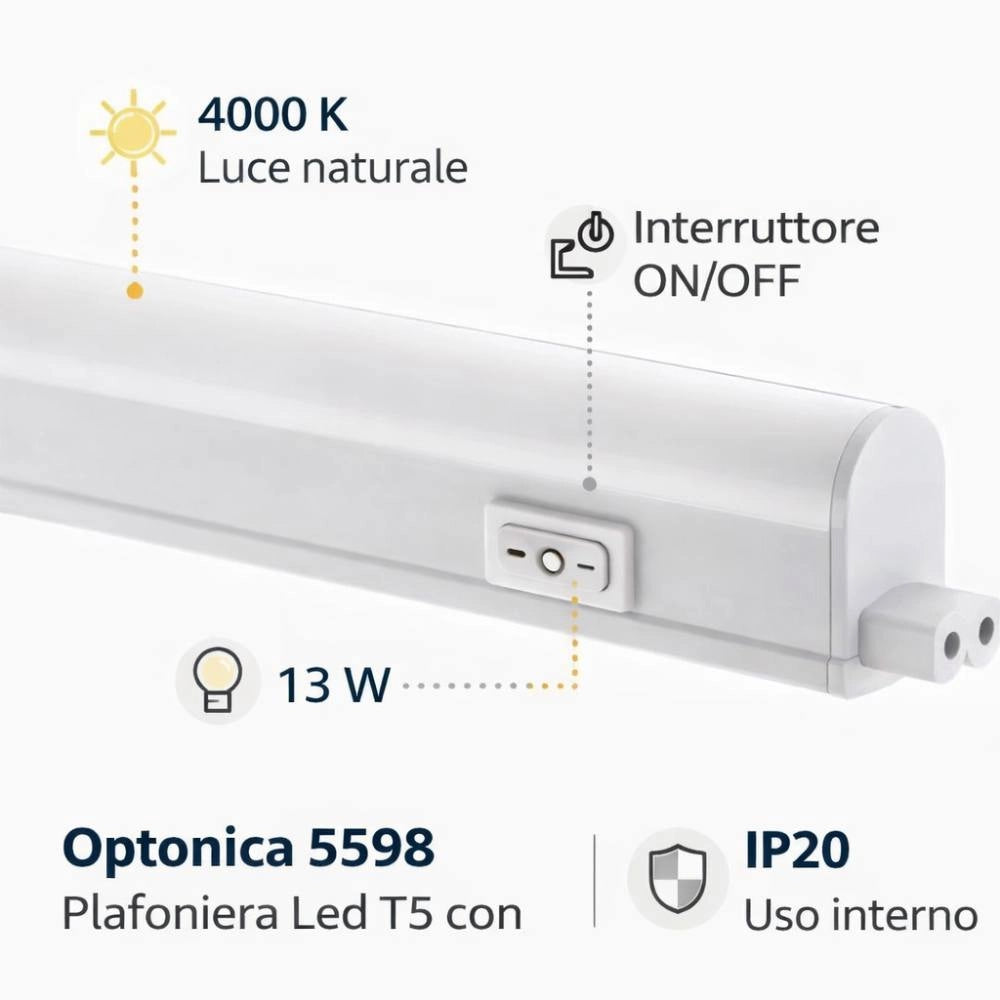 Plafoniera led t5 con interruttore integrato per interni *** temperatura colore lampada 4000k bianco naturale, potenz...