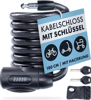 Spin Fissaggio per bicicletta con chiave, 180 cm/12 mm, fissaggio a spirale con alta sicurezza, cavo di fissaggio leggero con holder per e-bike, mountain bike, bicicletta da strada, nero