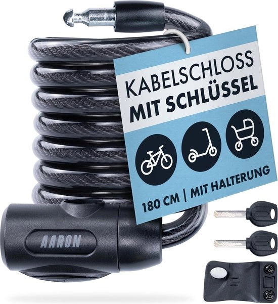 Spin Fissaggio per bicicletta con chiave, 180 cm/12 mm, fissaggio a spirale con alta sicurezza, cavo di fissaggio leggero con holder per e-bike, mountain bike, bicicletta da strada, nero