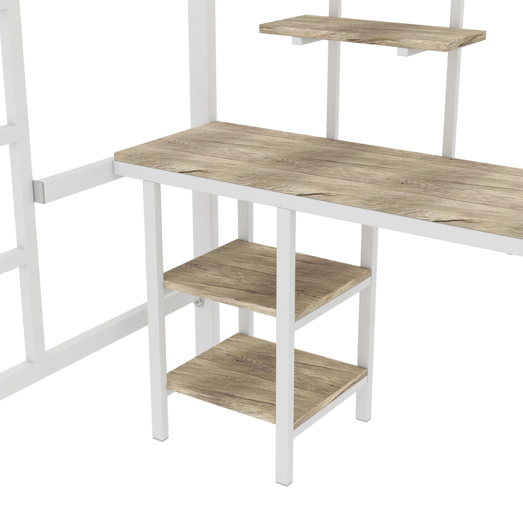 Letto a castello 90x200 cm con scrivania e scaffali in metallo e MDF; bianco