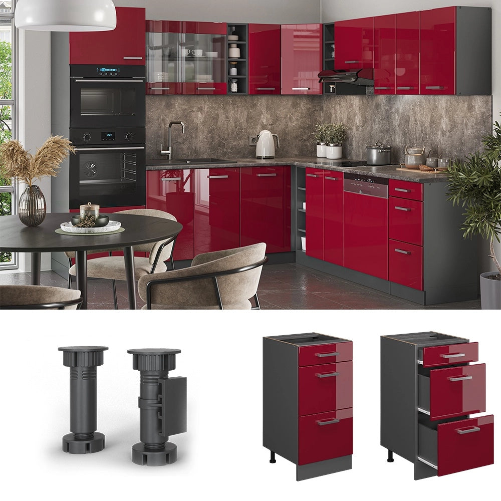 Mobiletto base per cucina R-Line Rosso lucido/Antracite 40 cm con cassetti, senza piano di lavoro Vicco