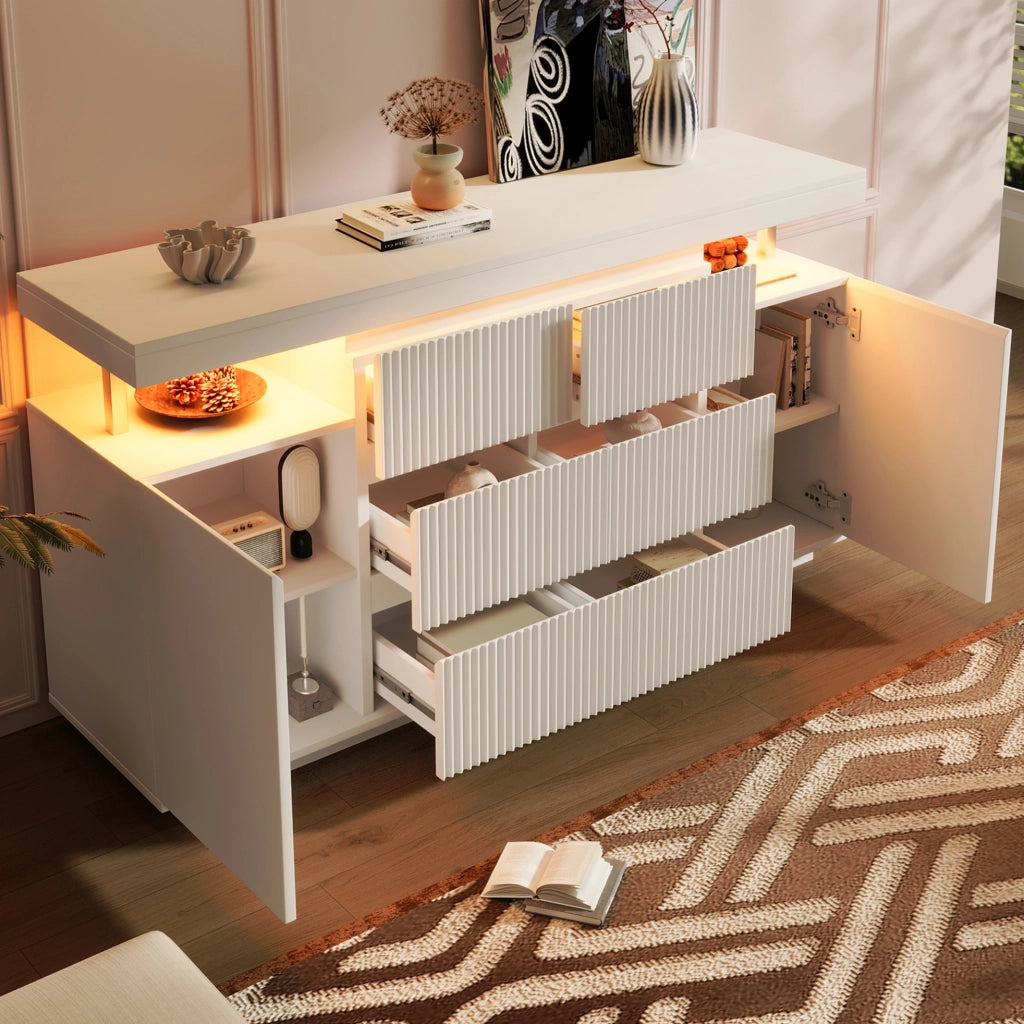 Credenza moderna con illuminazione LED 150x40x78 cm; bianca in MDF e metallo