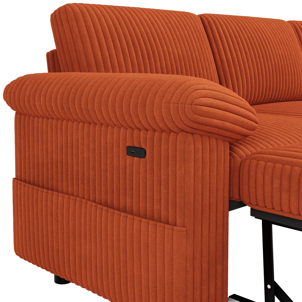 Divano angolare letto con contenitore; schienale regolabile e USB in corduroy arancione