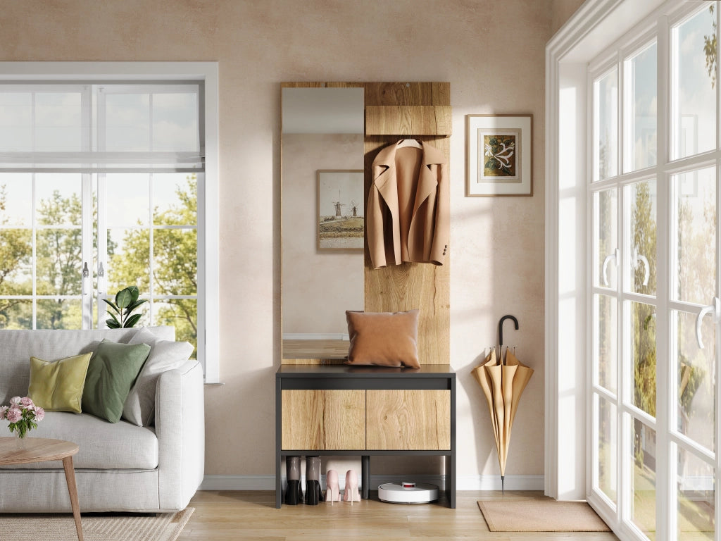 Set ingresso salvaspazio con appendiabiti, specchio, panca porta scarpe e 2 cassetti, colore naturale e nero, 60¡Á38¡Á145 cm