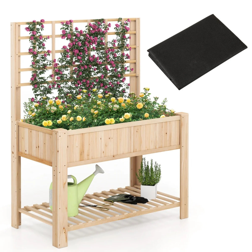 Fioriera rialzata con traliccio struttura da giardinaggio 116 x 59 x 150 cm seduta ergonomica atmosfera accogliente legno naturale 20_0012210