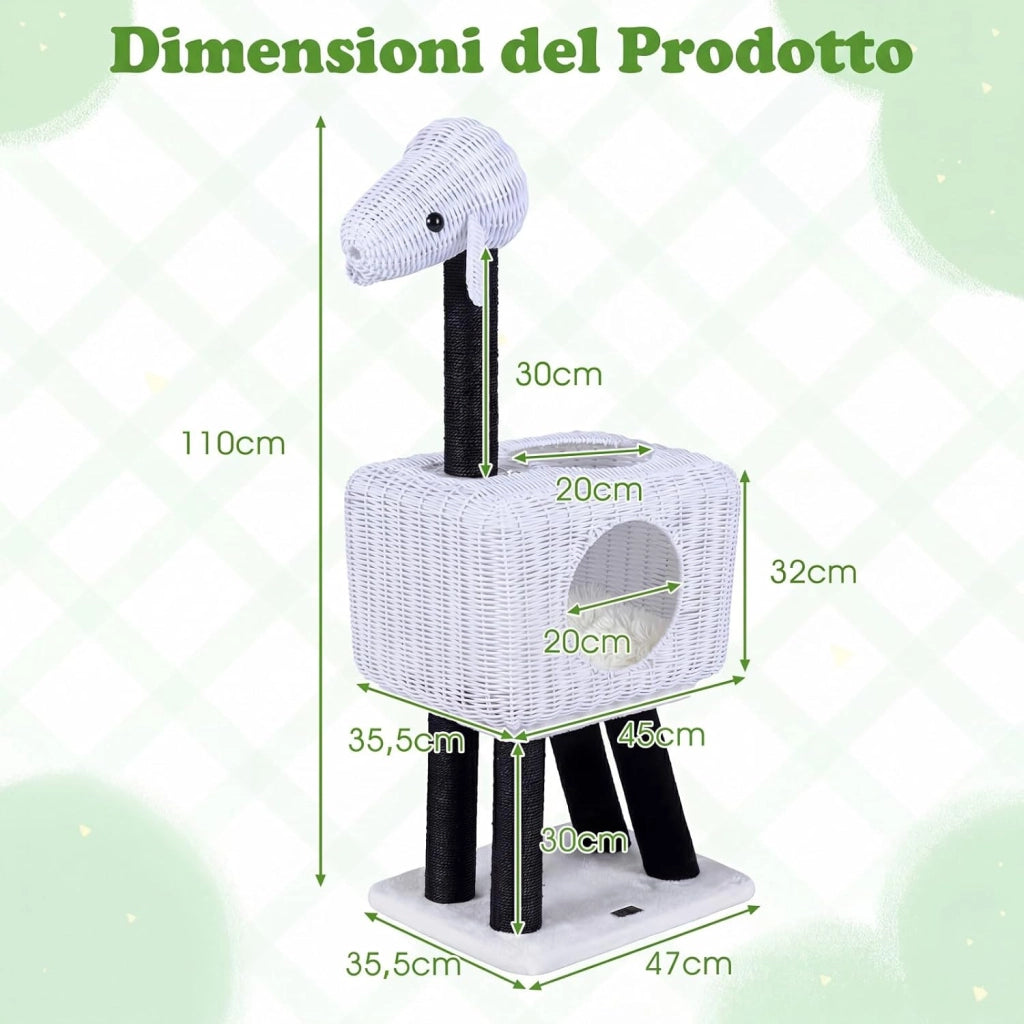 Albero Tiragraffi per Gatti, Tiragraffi per Gatti in Rattan con Grotta, 5 Pali Tiragraffi in Sisal, Cuscino Morbido e Pompon, Cuccia per Gatti da Interno a Forma di Pecora, 47 x 35,5 x 110 cm