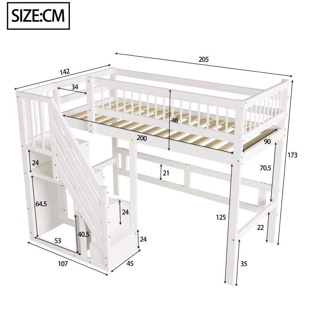 Letto singolo 90x200 cm; scala con contenitore; legno; bianco (Senza materasso)
