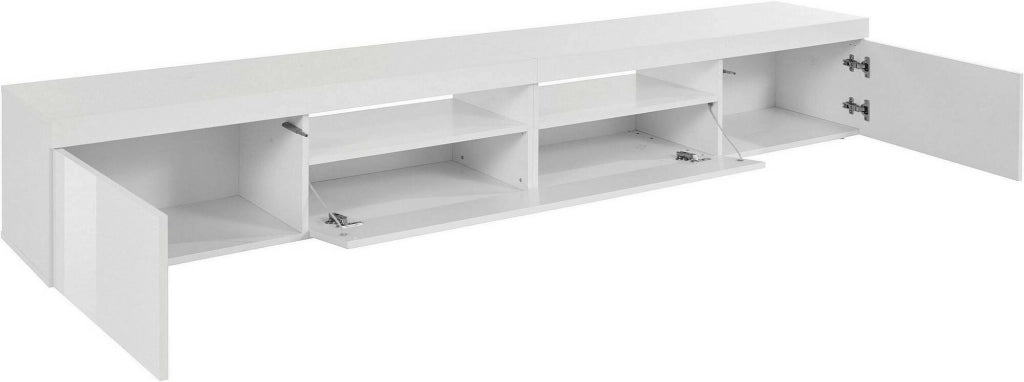 Mobile porta TV Animali, Credenza bassa da soggiorno a 3 ante, Base porta TV, 240x40h35 cm, Bianco lucido