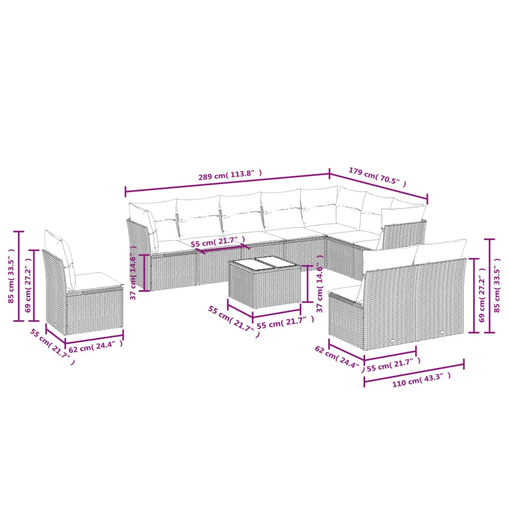 Set Divani da Giardino 11 pz con Cuscini in Polyrattan Grigio