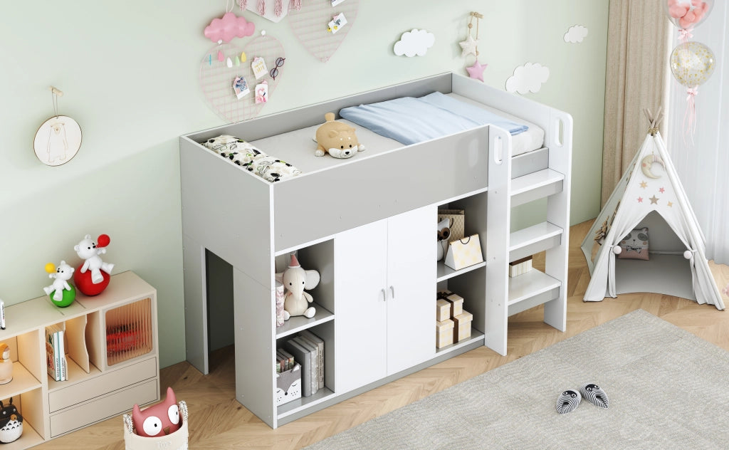 DESMIU Letto a Soppalco per Bambini 1 Posto con Armadio, Scaffali e Scala 90 × 200 cm, senza materasso