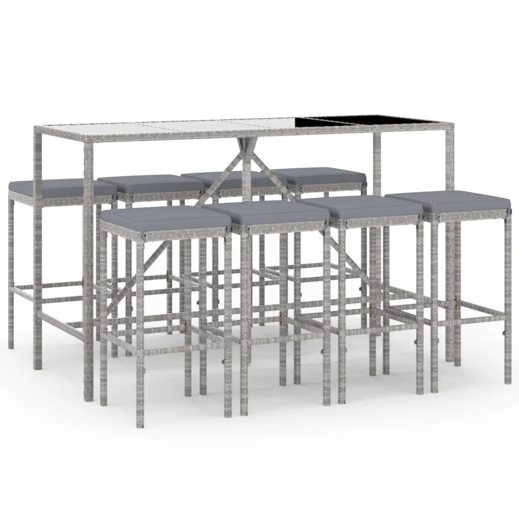 Set Bar da Giardino 9 pz | Set Salotto da Giardino con Cuscini in Polyrattan Grigio