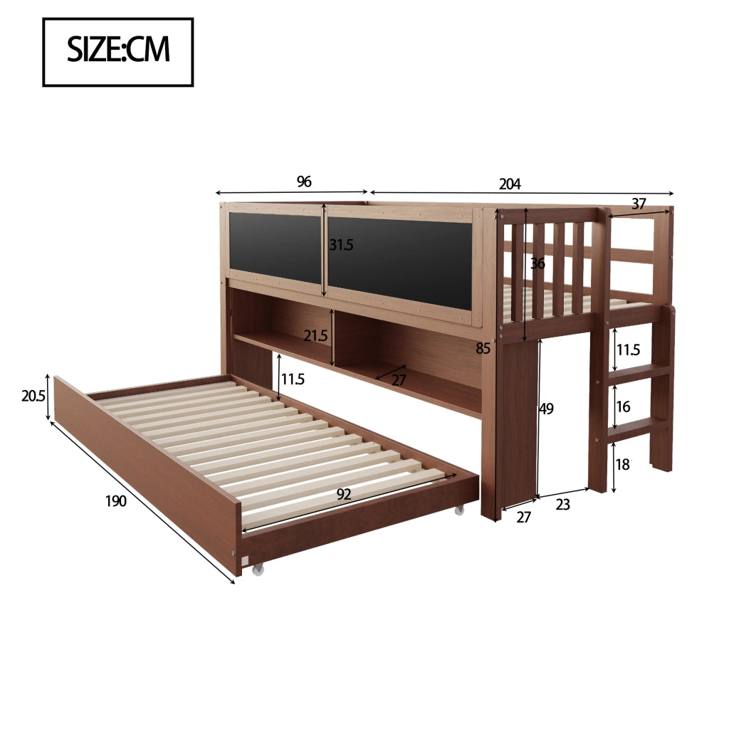 OKWISH Letto a Casetta 90×200 cm, Letto Singolo con Letto Estraibile, Lavagna, Ripiani e Scala, senza Materasso, in Legno, Marrone