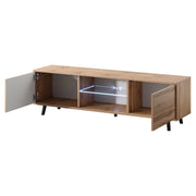Mobile TV In Melaminico Con 2 Ante Battenti Vano Centrale Con Ripiano In Vetro E LED Piedini In Metallo Per Soggiorno Salotto Zona Living 140 X 31.5 X 40 Cm Rovere
