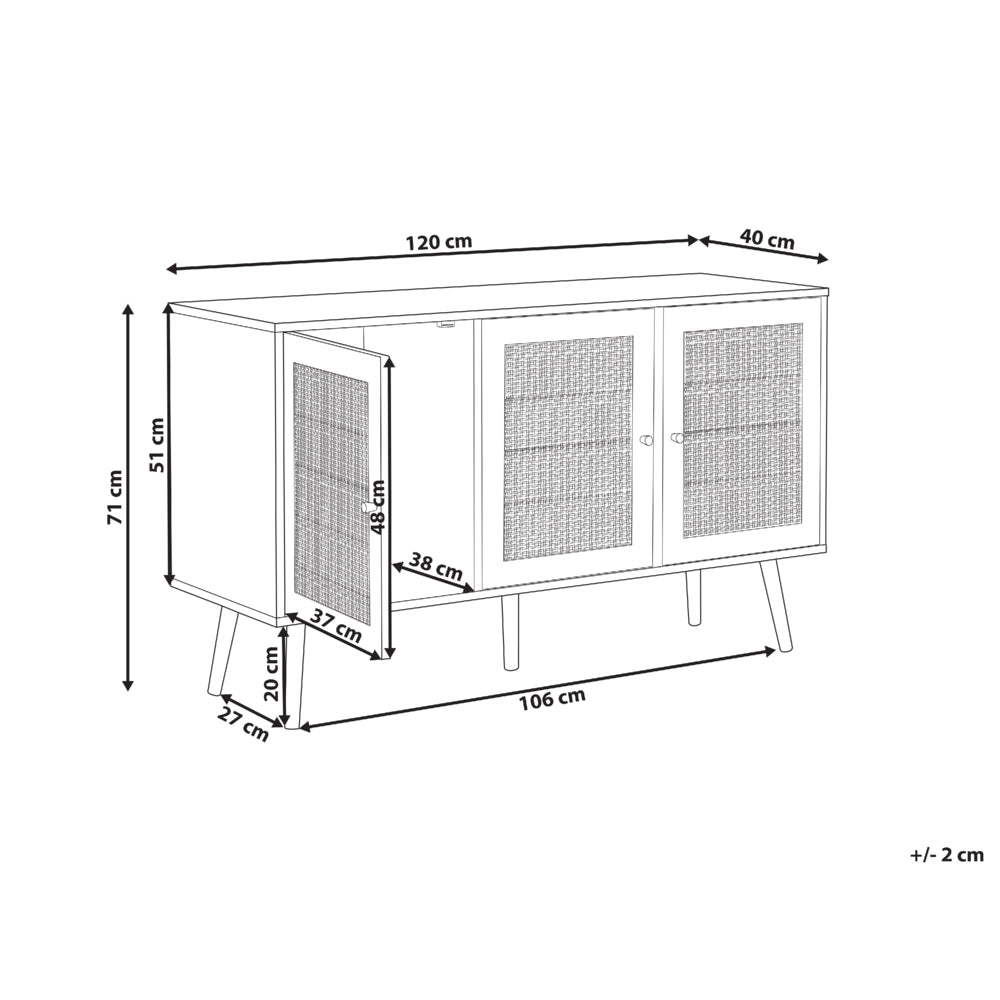 Credenza con 3 ante in rattan in colore marrone chiaro stile boho soggiorno camera da letto