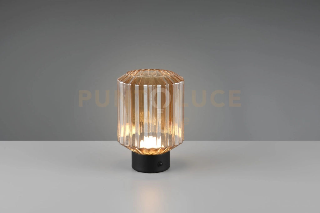 LORD LAMPADA DA TAVOLO RICARICABILE METALLO NERO E VETRO RIGATO AMBRA REGOLAZIONE INTESITA' TOUCH H.19,5CM LED 1,5W 100lm, 3000K