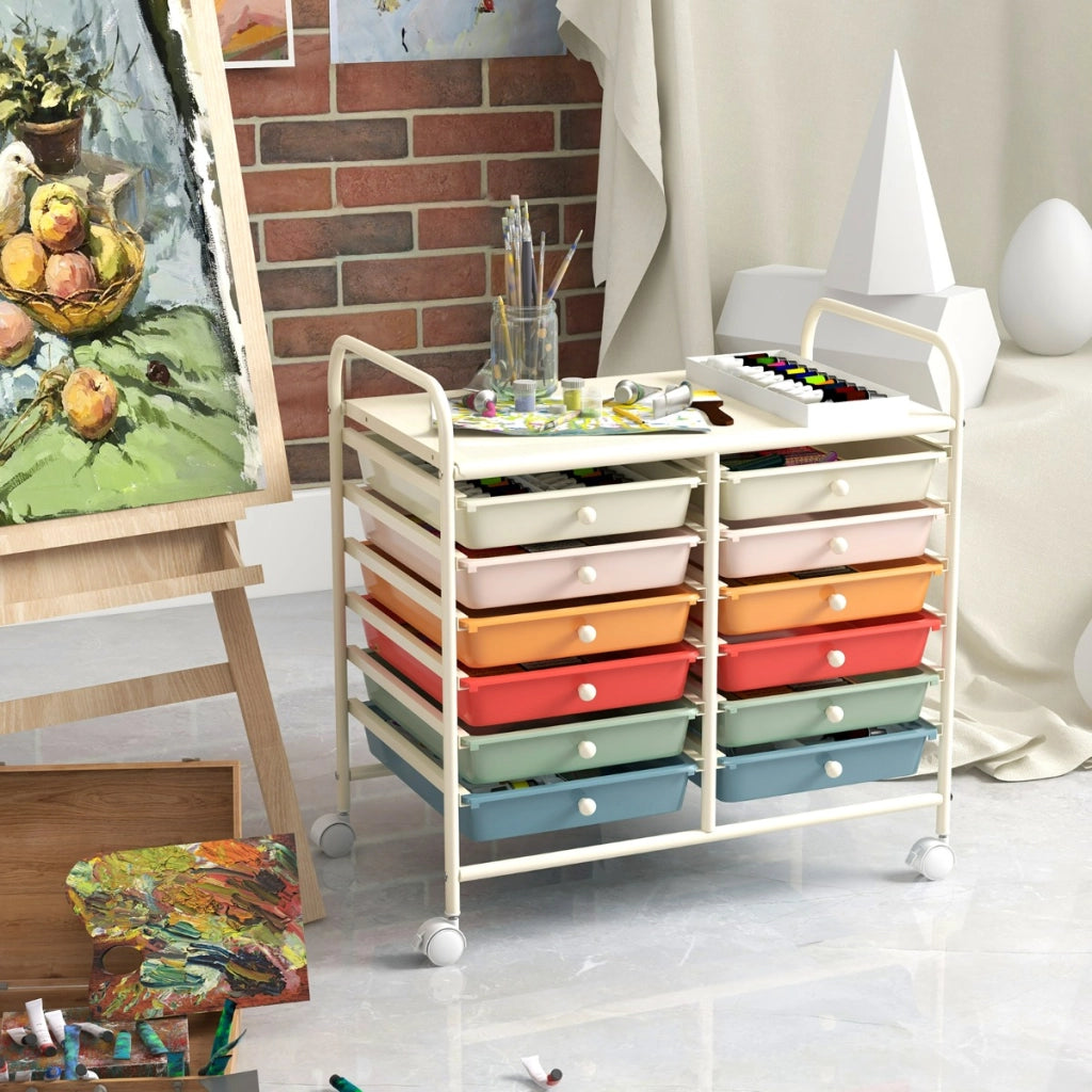 Carrello portaoggetti con 12 cassetti e ampio piano di lavoro, Cassettiera con 4 ruote per soggiorno e cucina Macaron-Carrelli
