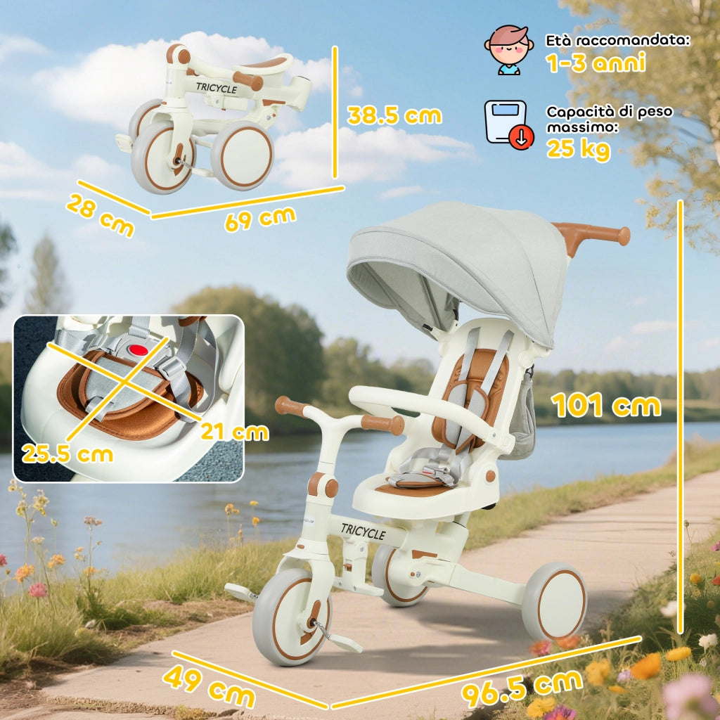 Triciclo 5 in 1 con Maniglione ¨C Xylo ¨C Bianco Crema, 96.5x49x101 cm