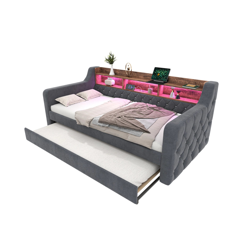Divano letto estraibile 90x190 cm in velluto grigio scuro con luce regolabile e vano contenitore