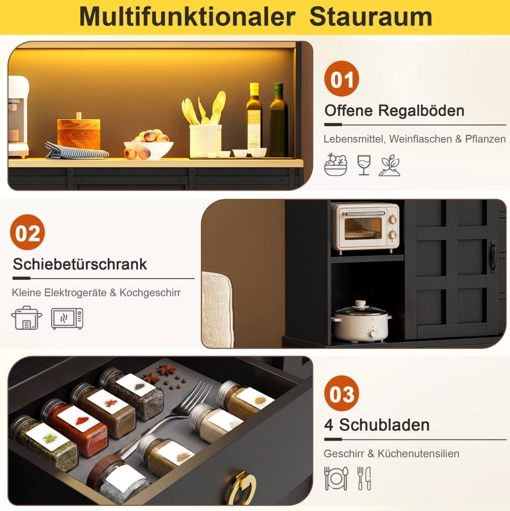 Mobile cucina multifunzione con LED; prese USB e 2 ante scorrevoli; 120x40x150 cm; nero