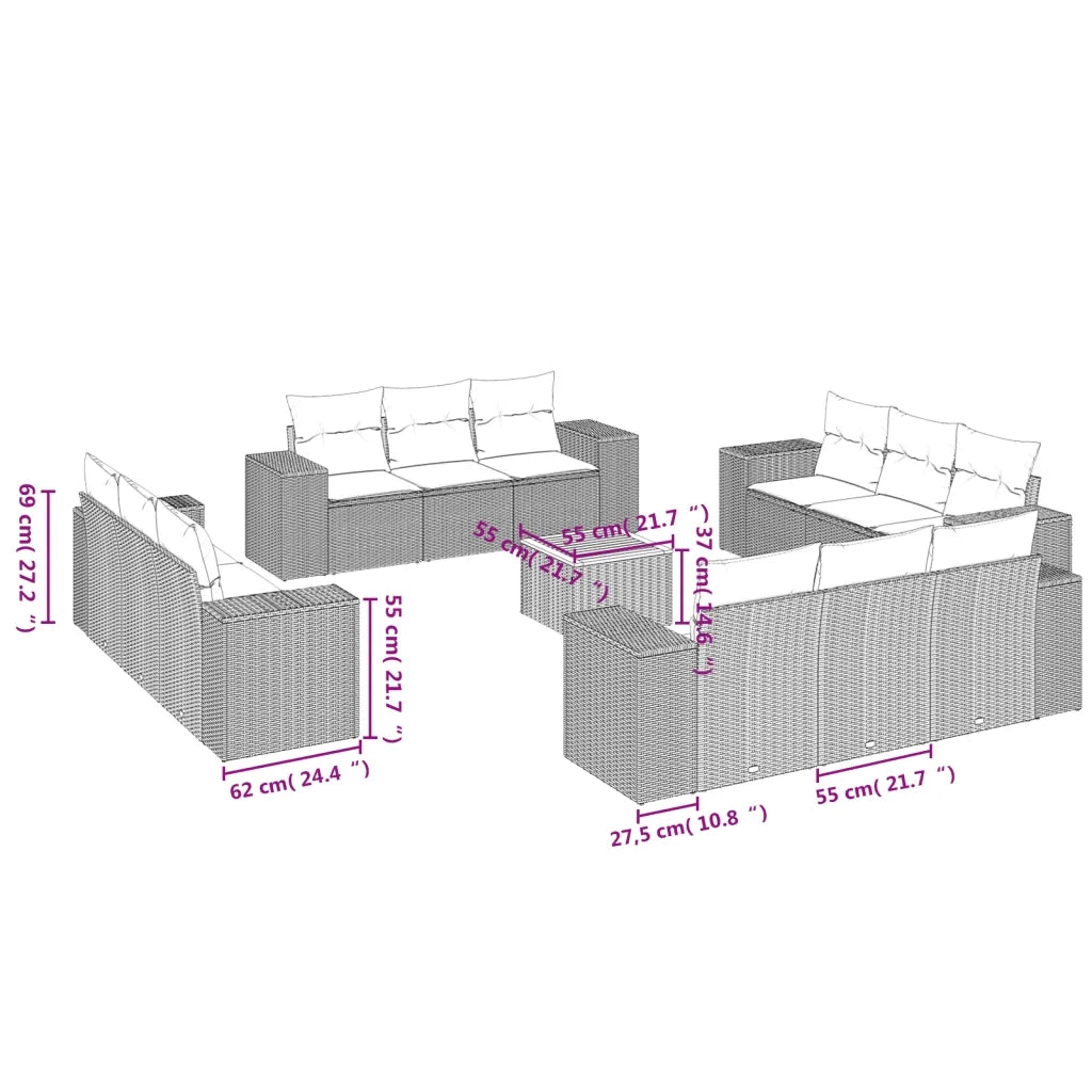 Set Divani da Giardino 13pz con Cuscini Nero in Polyrattan