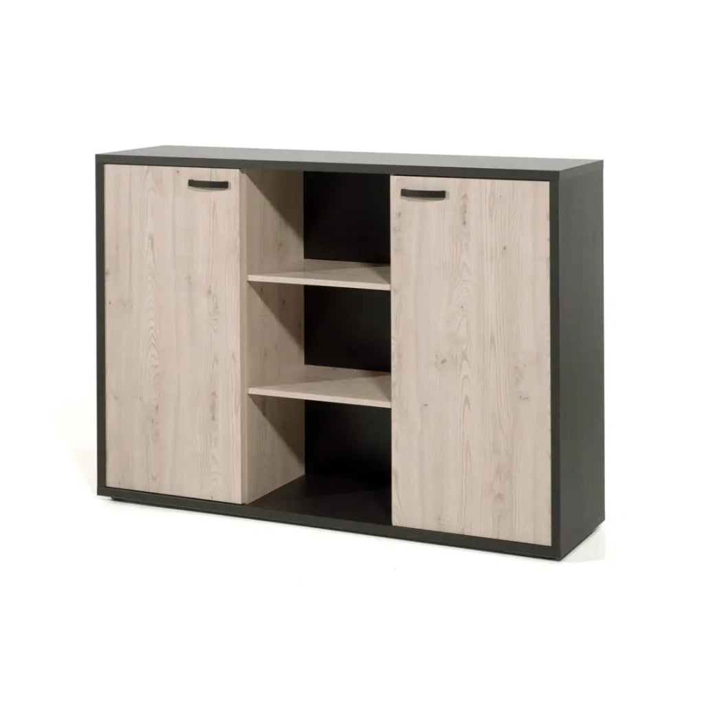 Credenza bassa per ufficio con 2 ante e scaffali colore rovere chiaro e nero