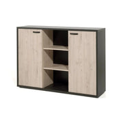 Credenza bassa per ufficio con 2 ante e scaffali colore rovere chiaro e nero