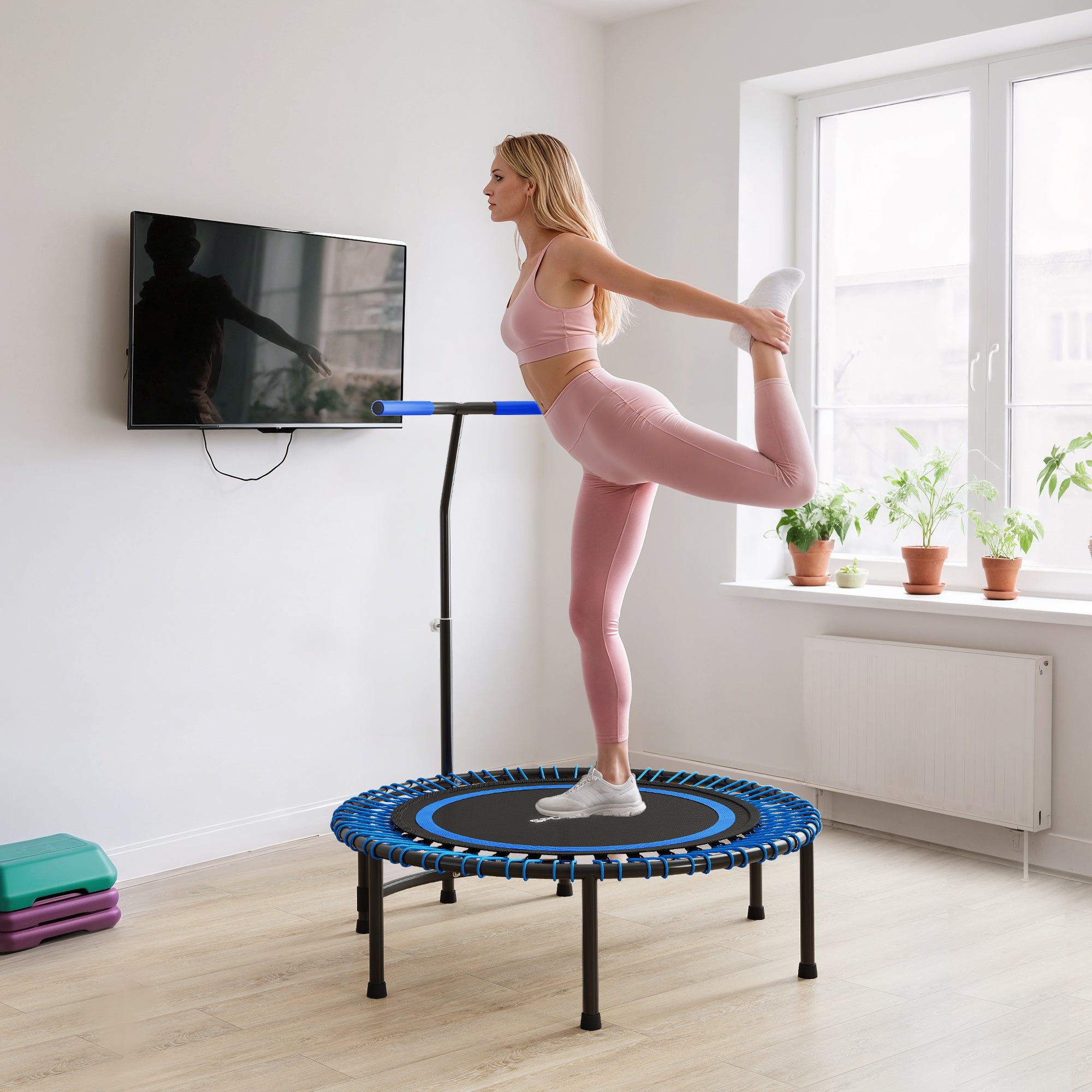 Trampolino Fitness Ø145 cm con Manubrio Regolabile su 5 Posizioni 36 Molle Bungee e Capacità 150 kg Telaio in Acciaio