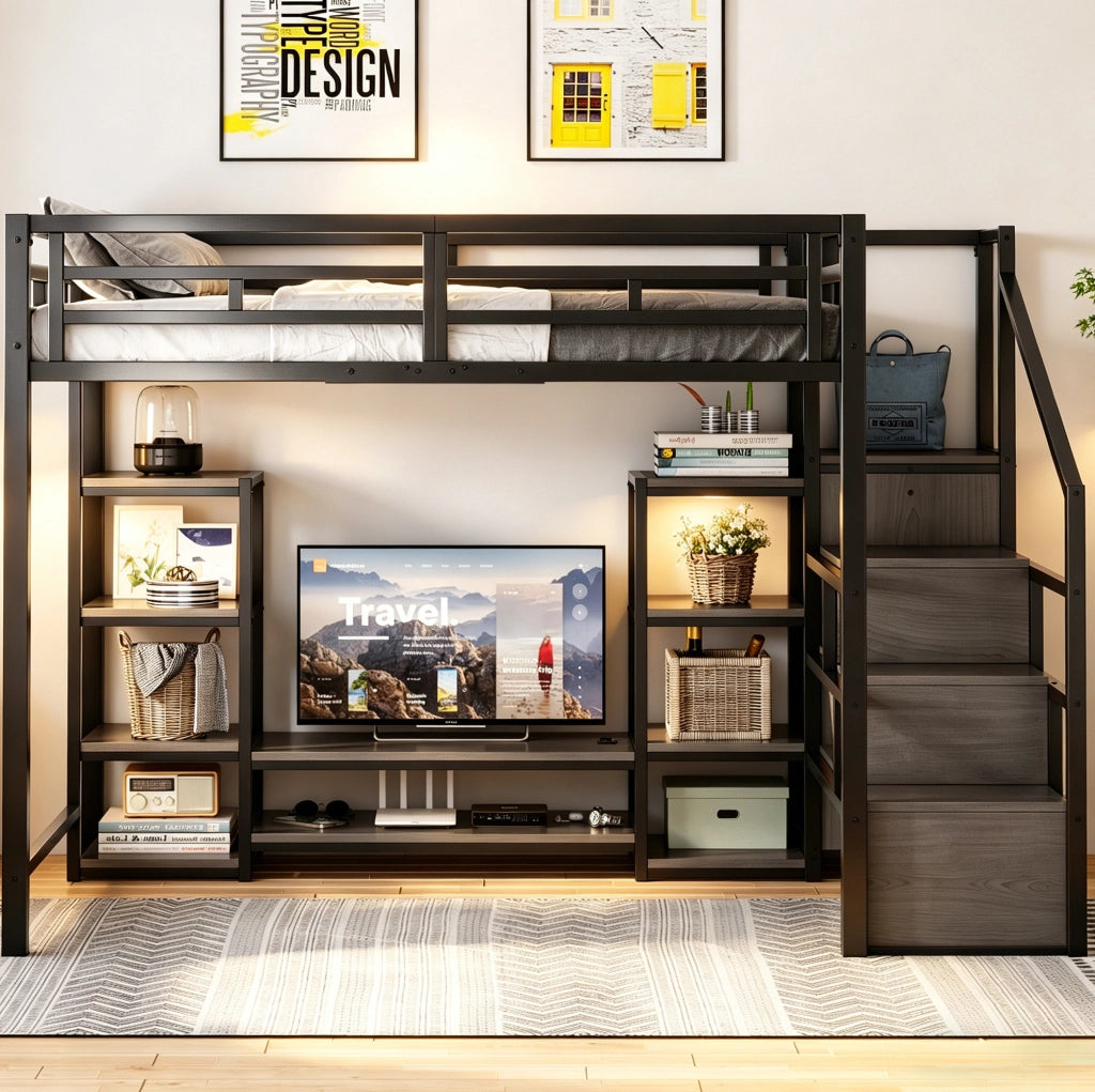 Letto a soppalco 140x200 cm con supporto TV e presa, nero