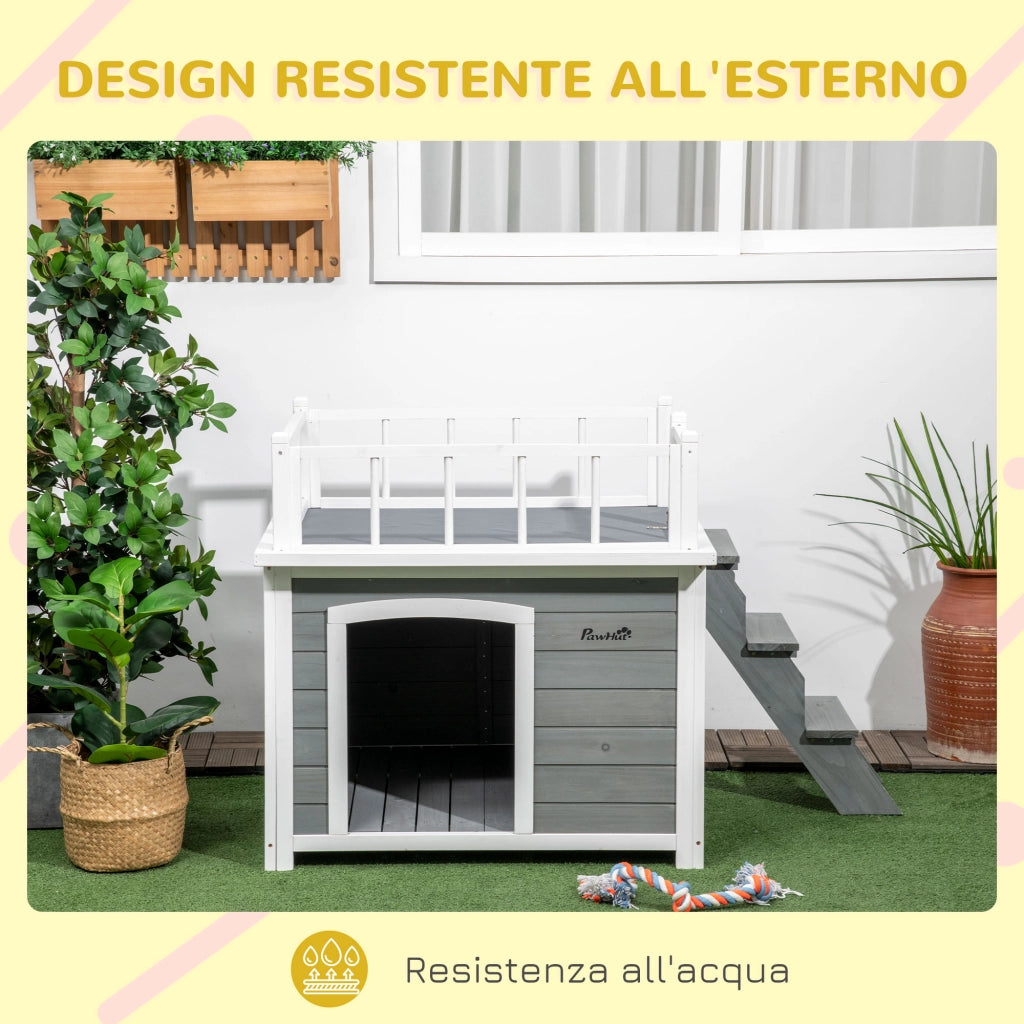 Casetta per Cani con Terrazza Scaletta e Finestra 121x77x78cm Grigio chiaro