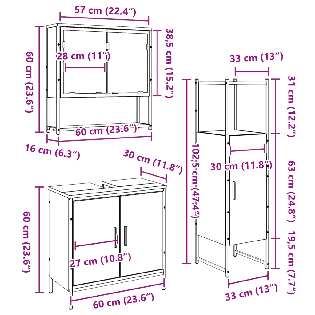 Set di arredamento bagno in 3 pezzi Rovere Massello Legno Ingegnerizzato