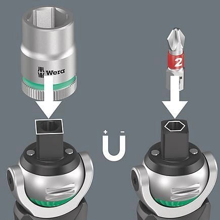 Wera 8009 ZYKLOP POCKET SET IMPERIAL 2 Set di chiavi a cricchetto con portabit integrato 18 pezzi testa ribaltabile 5 posizioni 72 denti angolo di ritorno 5° colore Nero Verde