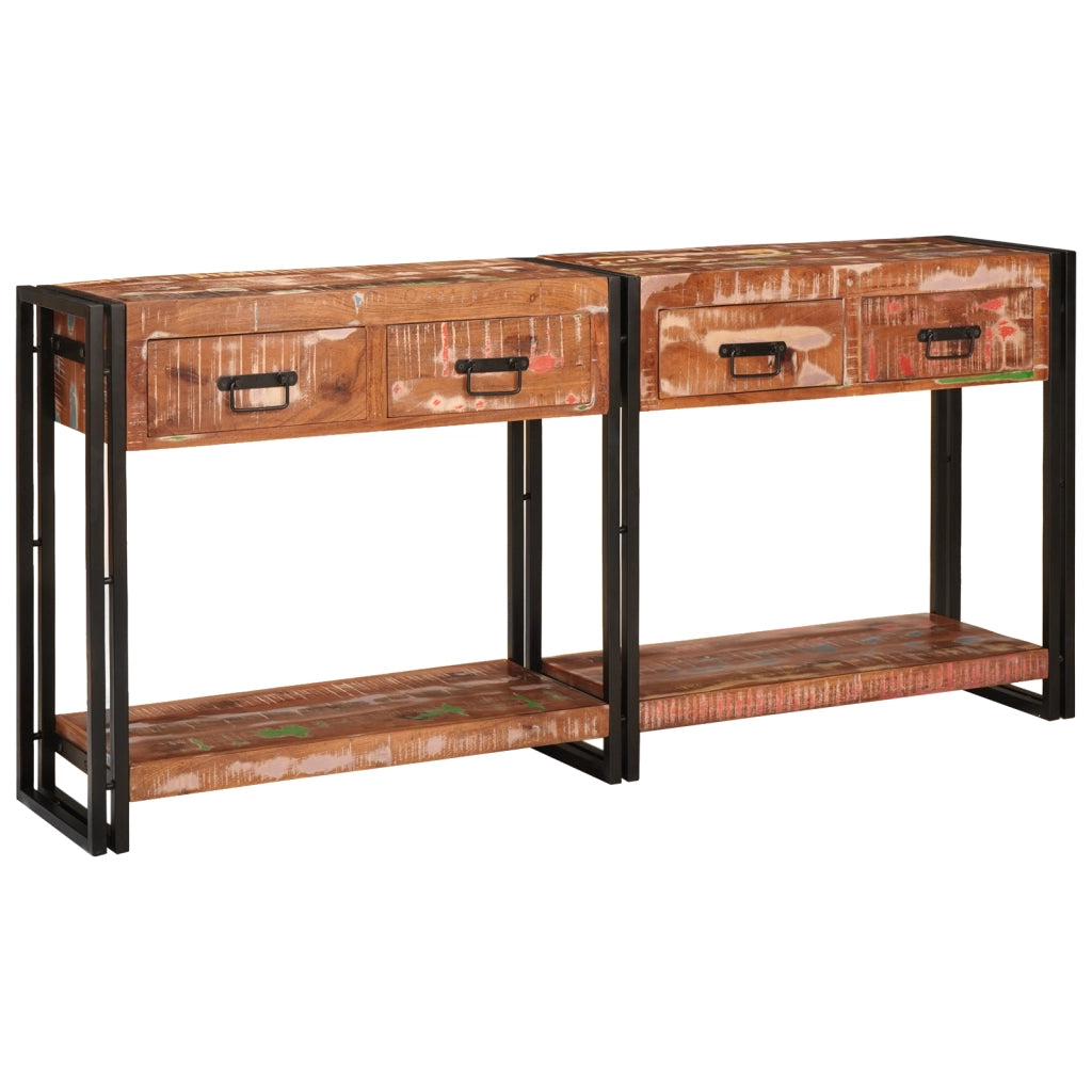 Set di 2 Tavoli Consolle con Cassetti, Legno Massello Recuperato Multicolore
