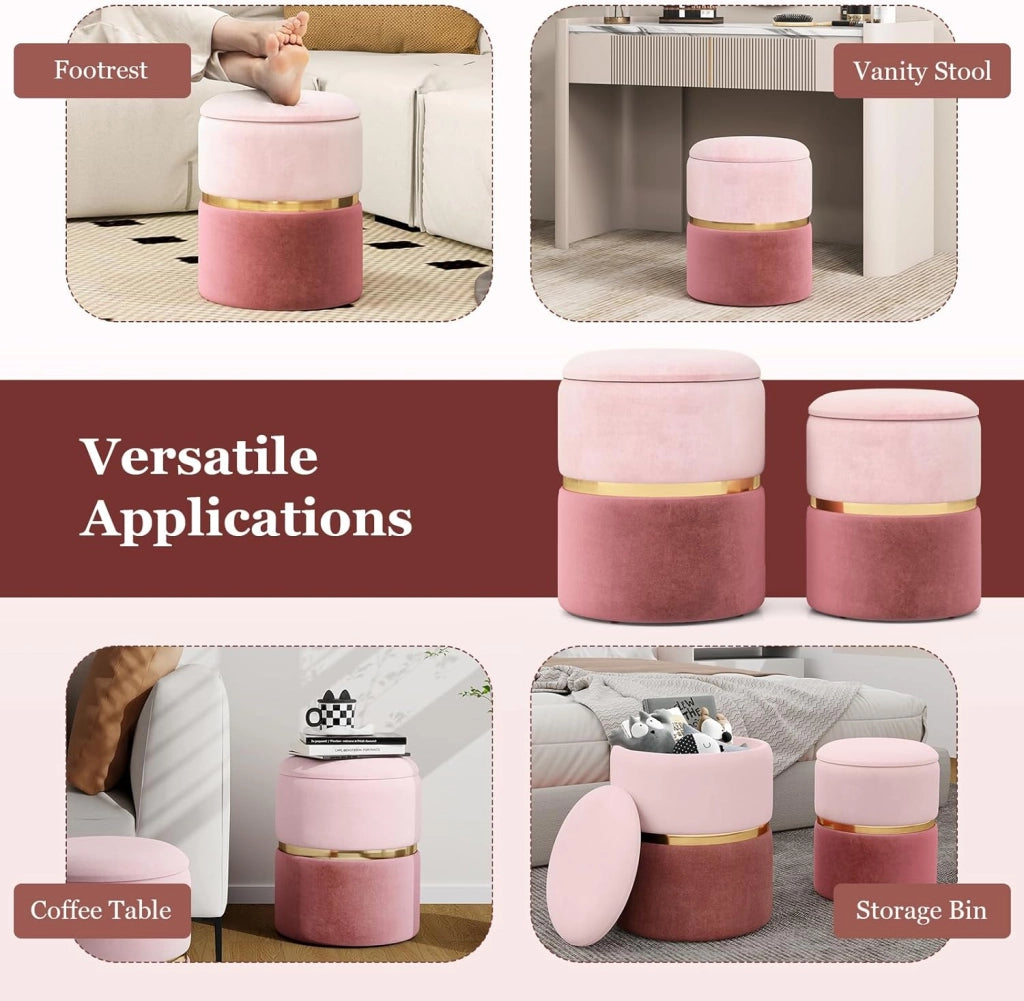 Set di 2 pouf moderni imbottiti con fascia in acciaio inox dorato e seduta imbottita, sgabello rotondo in velluto per soggiorno, camera da letto, sala trucco, rosa, 32 l + 21 l