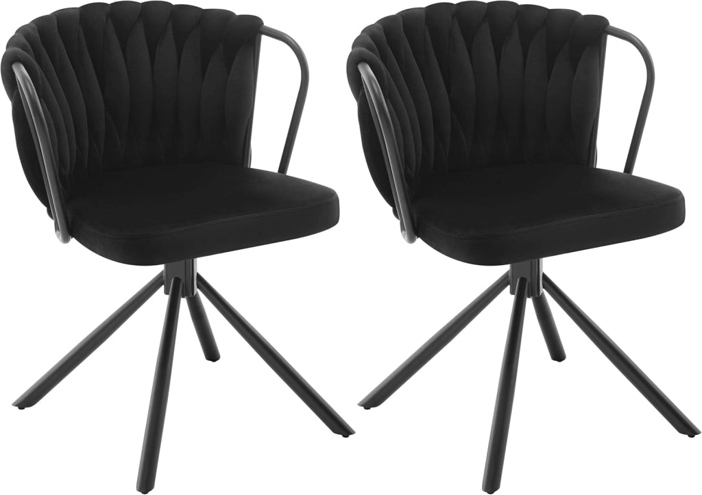 Sedia da Pranzo Girevole Set di 2, Poltrona Imbottita con Schienale Intrecciato e Gambe in Metallo, Sedia Scandinava, Velluto,Nero EZS72sz-2