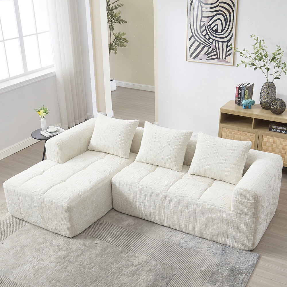 Divano modulare angolare - Xylo - 3 posti in L, chenille, beige, con pouf