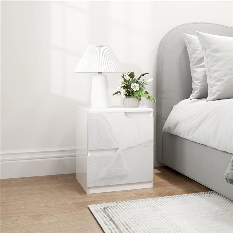 COMODINO MODERNO IN LEGNO CON 2 CASSETTI E DESIGN LUCIDO 40X40X48 CM BIANCO