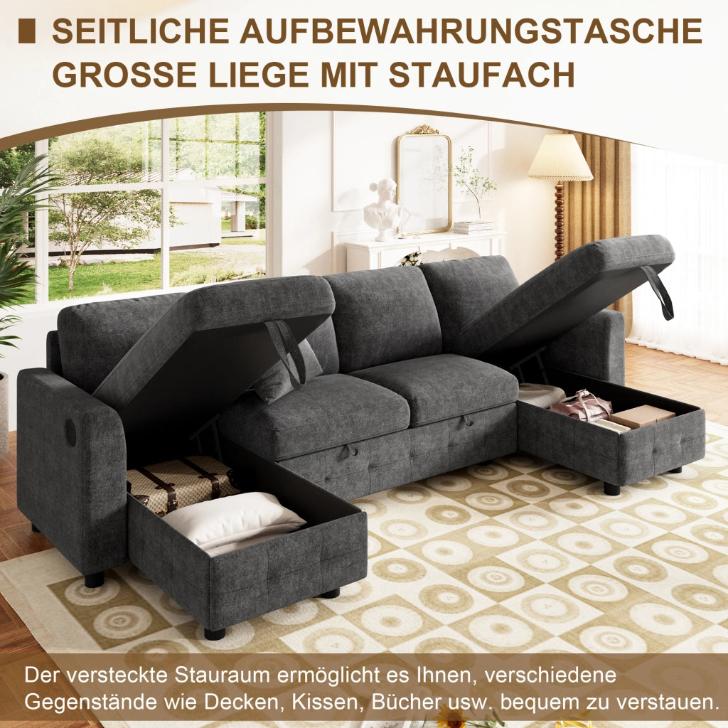 DIVANO LETTO a U con funzione estraibile, 260x128x82 cm, grigio scuro, in chenille